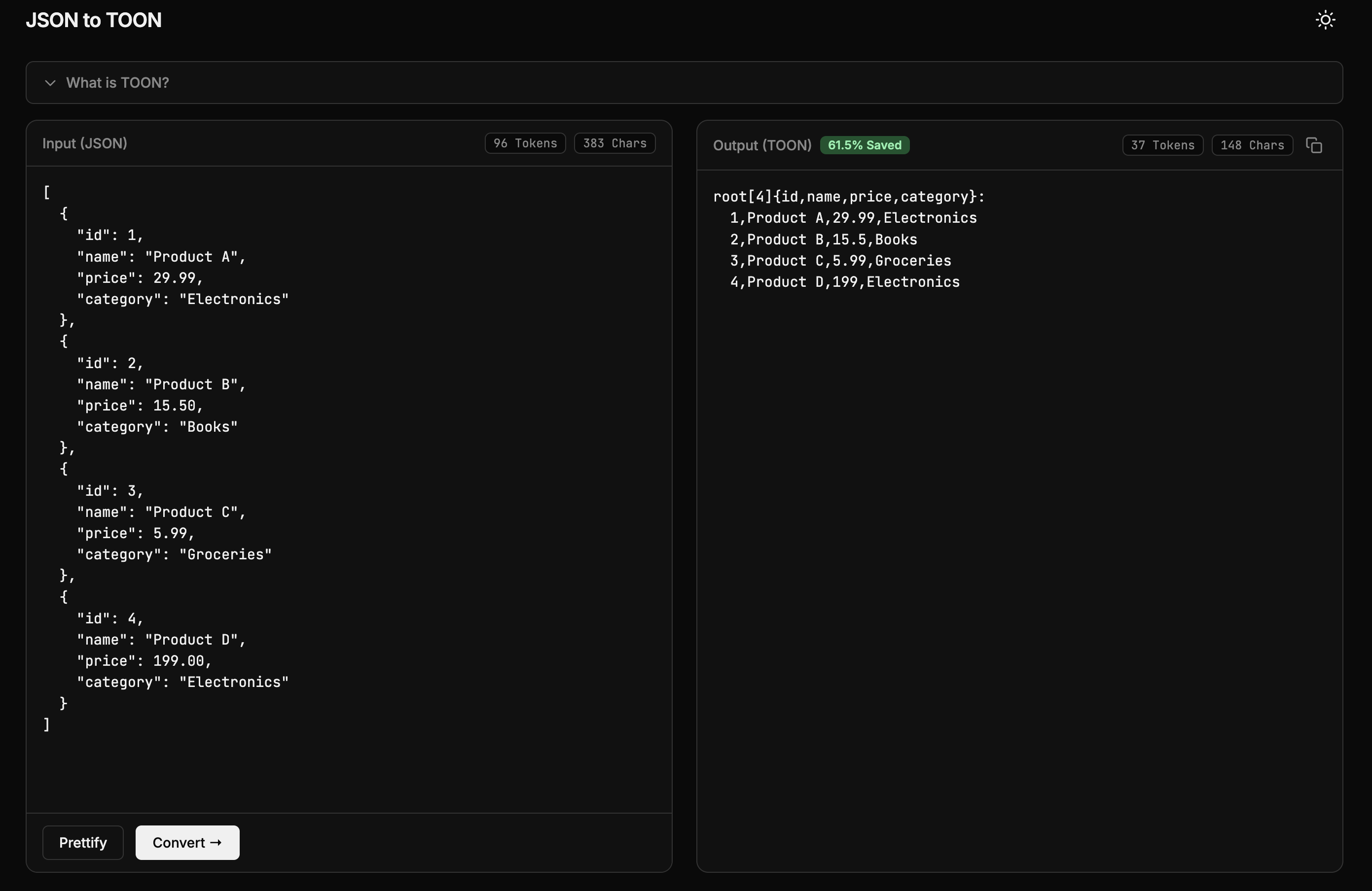 JSON to TOON Converter Light