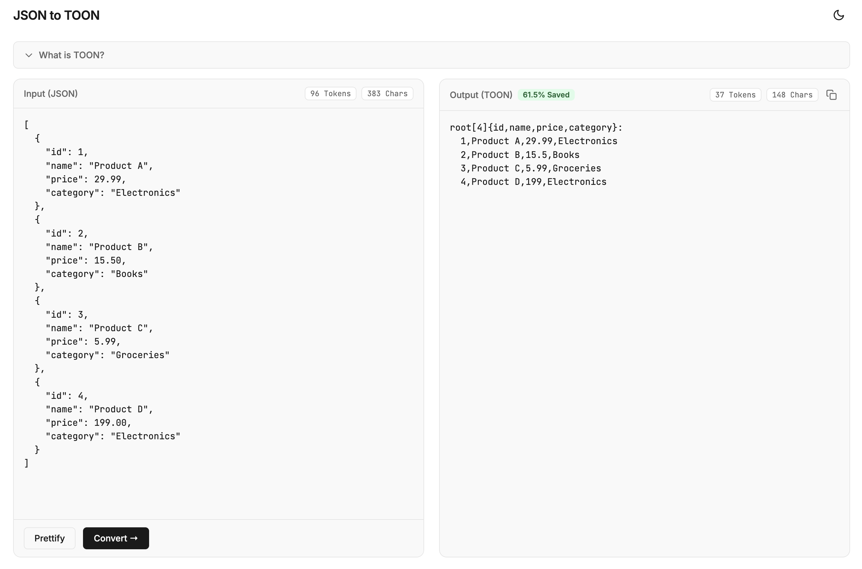 JSON to TOON Converter Dark